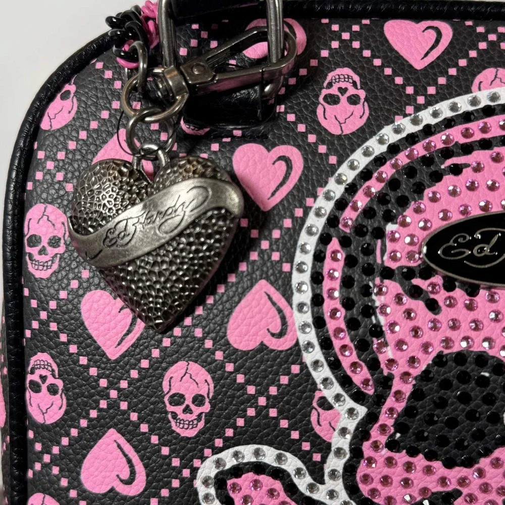 Ed Hardy Satchel Handbag Black Pink Skull Hearts Rhinestone Vegan Leather Purse